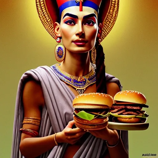 Prompt: portrait of sacred goddess nefertiti eating hamburgers, extra onions and ketchup, luscious patty with sesame seeds, feminine ethereal, handsome, d & d, fantasy, intricate, elegant, highly detailed, digital painting, artstation, concept art, matte, sharp focus, illustration, art by artgerm and greg rutkowski and alphonse mucha