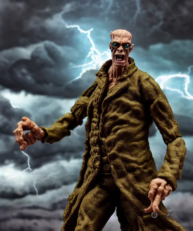 Prompt: hyperrealistic rendering, epic boss battle, frankenstein, by art of skinner and richard corben, product photography, collectible action figure, sofubi, hottoys, storm clouds, outside, lightning