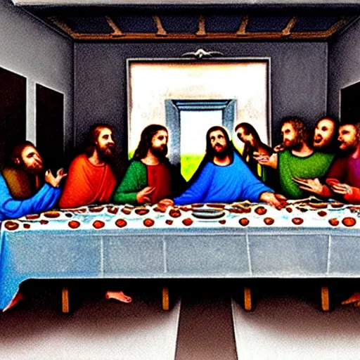 Prompt: The Last Supper, playstation 5 lying on the table in front of Jesus