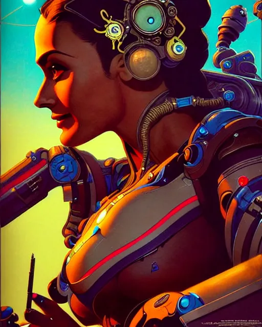 Image similar to symmetra from overwatch, character portrait, portrait, close up, concept art, intricate details, highly detailed, vintage sci - fi poster, retro future, in the style of chris foss, rodger dean, moebius, michael whelan, and gustave dore