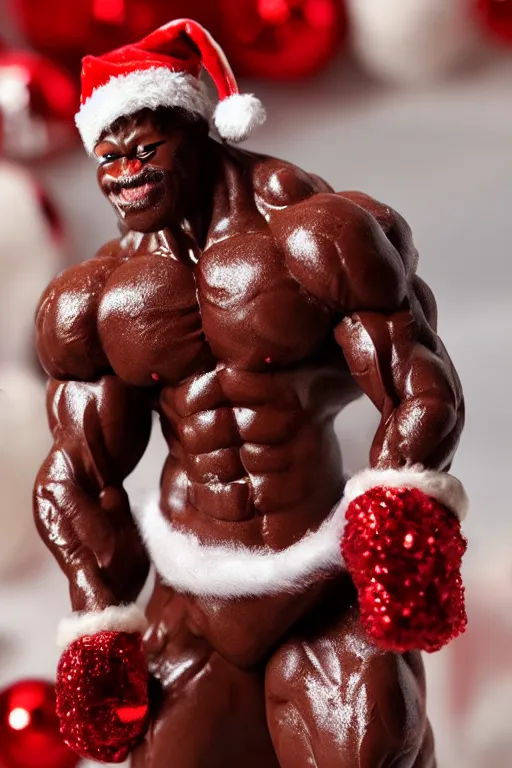 Image similar to muscular chocolate santa claus, chocolate santa claus bodybuilder, christmas sweet, photorealistic, highly detailed,