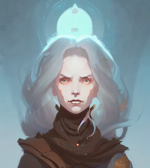 Prompt: portrait of a female mage, fantasy, by atey ghailan, by greg rutkowski, by greg tocchini, by james gilleard, by joe fenton, by kaethe butcher, dynamic lighting, gradient light blue, brown, blonde cream and white color scheme, grunge aesthetic