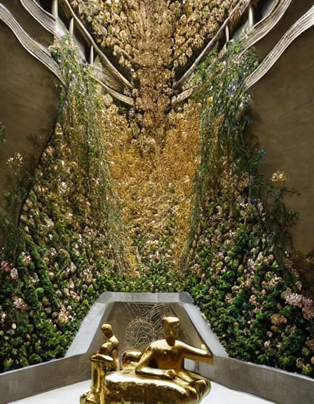 Prompt: a massive gold and crystal sculpture in the jungle covered in flowers and vines photograph, architecture carved for a titan, beautiful in its smoothness and expansiveness, curving geometric arches, architectural photograph by louis kahn and moshe safdie