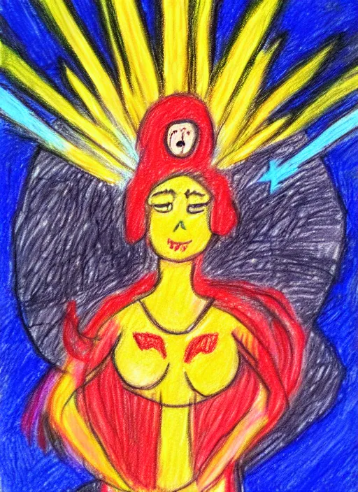 Image similar to a painting of the goddess of explosions as drawn by a child, crayon on paper