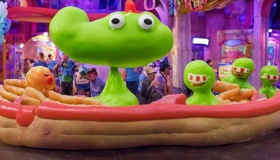 Prompt: 1990s photo of inside the Slime Friends Snow Potato Show ride at Universal Studios in Orlando, Florida, riding a hotdog through a dinner plate world, cinematic, UHD