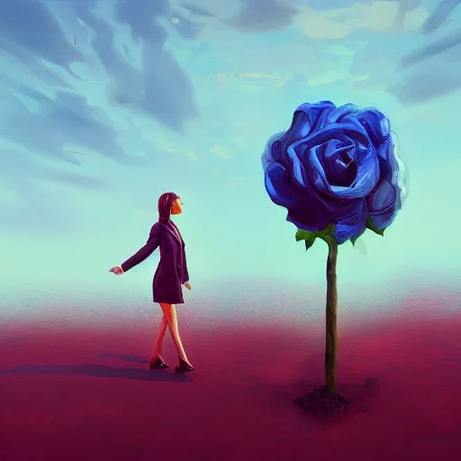 Image similar to portrait, giant rose flower head, girl walking in a suit, surreal photography, sunrise, blue sky, dramatic light, impressionist painting, digital painting, artstation, simon stalenhag