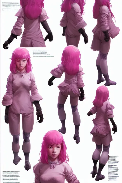 Prompt: character sheet for a pink haired female for hamcus impact by craig mullins, by studio ghibli, digital art, trending on artstation, hd, 8 k, highly detailed, good lighting, beautiful, masterpiece