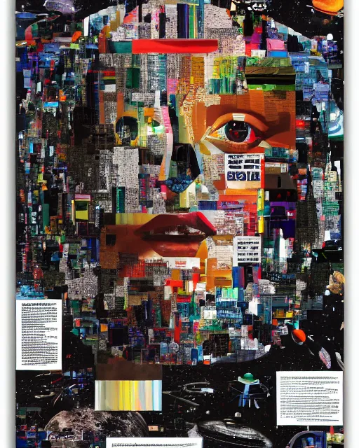 Image similar to A contemporary artistic collage, made of random shapes cut from fashion magazines, science magazines, and textbooks, of 2001: A Space Odyssey film poster.