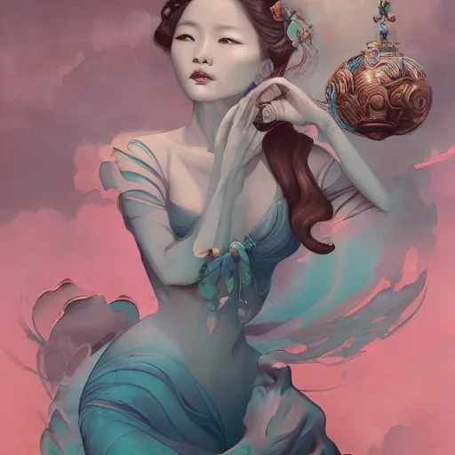 Image similar to close-up portrait of a beautiful Korean Luxurious Goddess posing dramatically in the art style of James Jean pastiche, by Peter Mohrbacher, rule of thirds, 4k quality