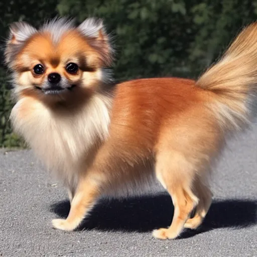 Prompt: Pomeranian, chihuahua mix dog, chestnut colored fur