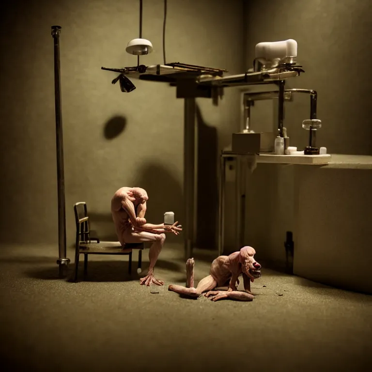 Image similar to laboratory miniature creature in pain and anger and revange by Christopher Soukup, David Fincher, Dan Witz, Gregory Crewdson, Huleeb, Lee Griggs, Mike Nash, Paul Chadeisson, Stephen Shore, sideshow collectibles, Terry Richardson, Vitaly Bulgarov