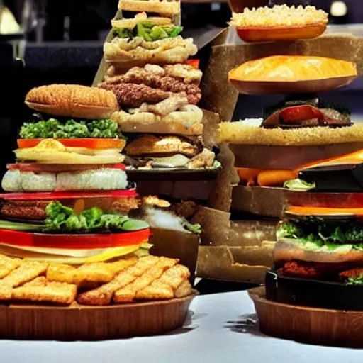 Prompt: a pyramid made of burgers