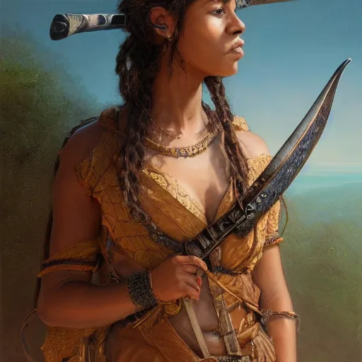 Image similar to artstation concept of a beautiful girl holding a sword in both hands, brown skin, sweaty skin, symmetrical face, casual white garment, brown canyon background, shiny colorful, hyperdetailed, artstation trending, world renowned artists, worth1000.com, historic artworks society, antique renewel, cgsociety, by greg rutkowski, by Gustave Dore, Deviantart