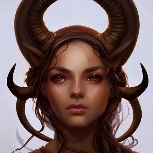 Image similar to cute Whimsical Tiefling Druid with cute horns , light-brown skin, D&D, fantasy, portrait, highly detailed, digital painting, artstation, concept art, sharp focus, illustration, art by artgerm and greg rutkowski and magali villeneuve