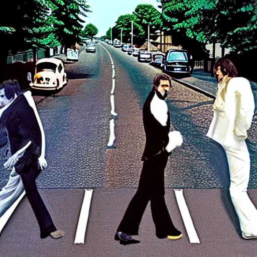 Image similar to freddy mercury crossing abbey road realistic photo