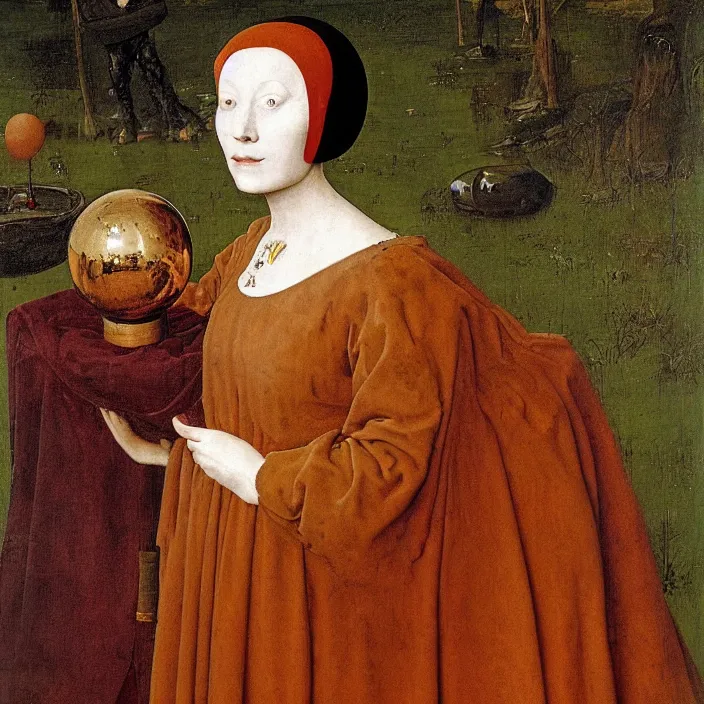 Image similar to a closeup portrait of a woman wrapped in plastic, standing next to a giant huge levitating copper orb, in a foggy pond, by jan van eyck