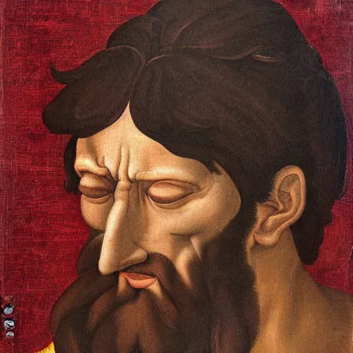 Image similar to portrait painting of crying Michelangelo di Lodovico with topknot in the style of japanese cartoon
