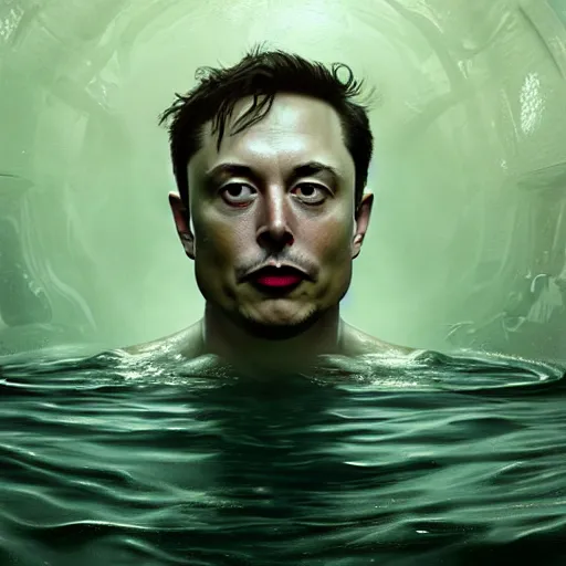 Image similar to UHD photorealistic Lovecraftian Dagon in aa hot tub with Elon Musk, in the style of tonalism by Greg Rutkowski, trending on Artstation, hyperrealistic, correct details, symmetrical faces