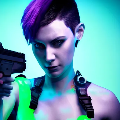 Image similar to cyberpunk chick with a side head shave in a city with aqua, green, and purple neon lighting, holding a gun, posed