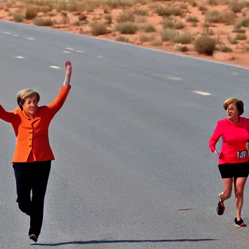Prompt: angela merkel running marathon in sahara, hands in air, screaming and shouting