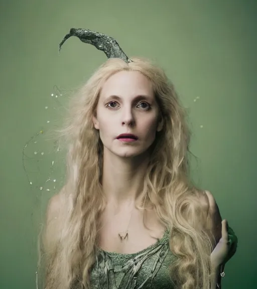 Image similar to hd portrait of a 3 2 - year old woman with an ethereal, whimsical, fey aesthetic. dirty blonde hair. green clothes. silver jewelry. a modern - day witch and enchantress of the acanthus path. portrait photography by annie leibovitz.