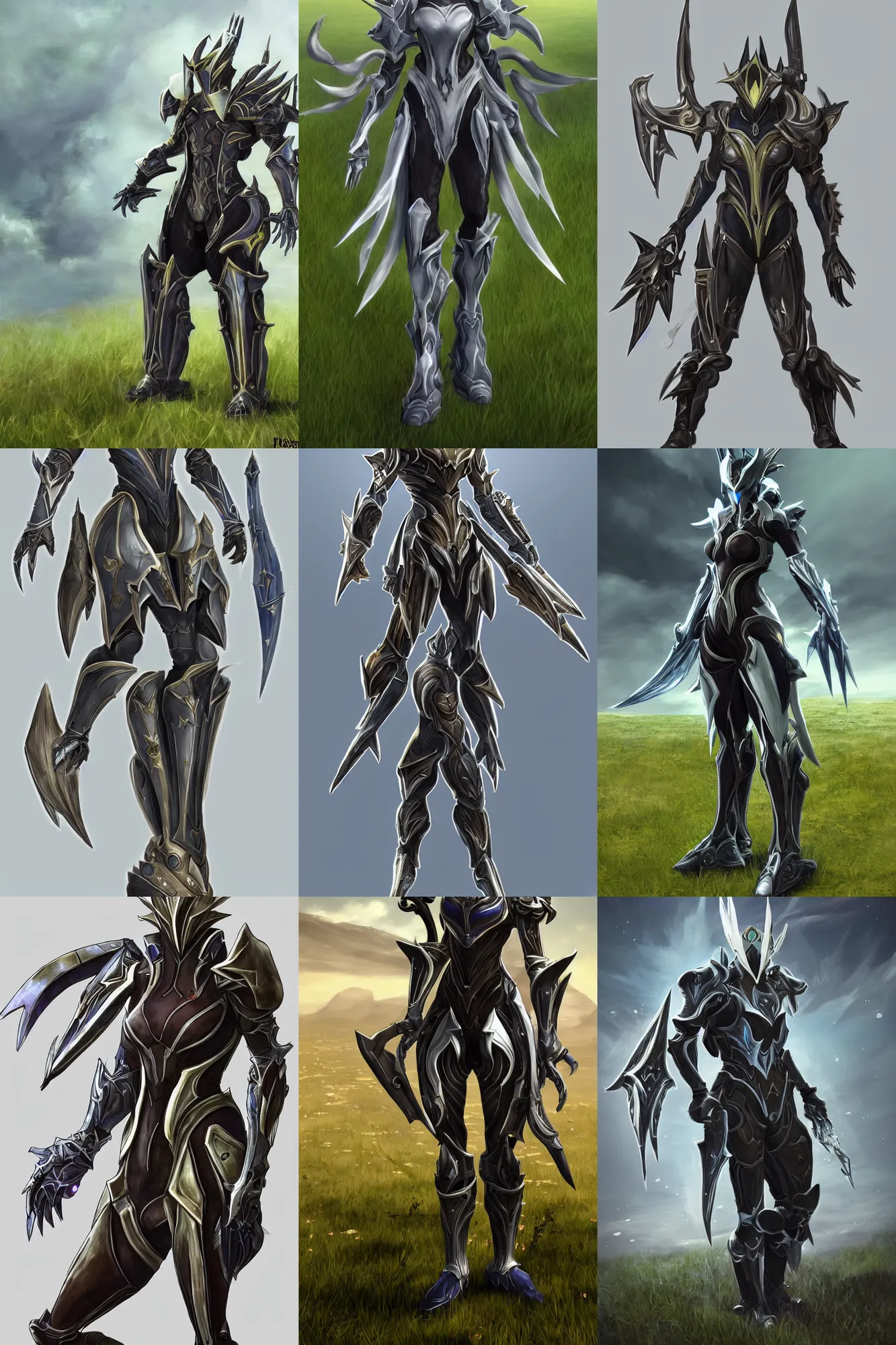 Prompt: full body character portrait of a warframe!! in the style of final fantasy xiv!!!, wide angle shot, warframe, final fantasy, final fantasy 1 4, final fantasy xiv, realistic shading, realistic lighting, very well detailed, segmented organic armor, standing in a grassy field