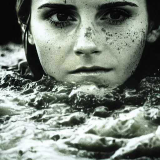 Prompt: film still, close up, emma watson rising out of muddy vietnam river, face covered in mud, combat helmet, low camera angle at water level, night time, film still from apocalypse now ( 1 9 7 9 ), 2 6 mm polaroid polaroid polaroid polaroid polaroid expired expired expired,