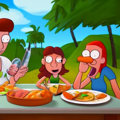 Image similar to phineas and ferb eating dinner in the beach trending on artstation digital paint 4 k render