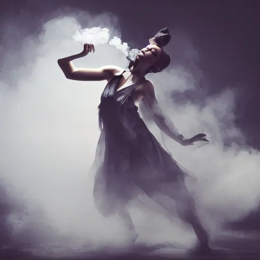 Image similar to a Photorealistic dramatic hyperrealistic render of a glamorous beautiful Female smoke dancer, Flowing cloth and smoke,Beautiful dynamic dramatic dark moody lighting,volumetric,shadows,cinematic atmosphere,Octane render,8K