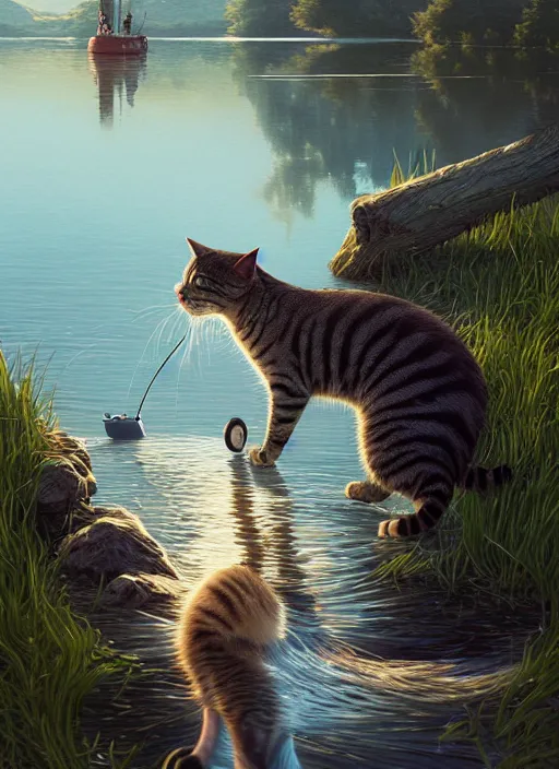 Image similar to highly detailed portrait of a cat fishing at a lake, stephen bliss, unreal engine, greg rutkowski, loish, rhads, beeple, makoto shinkai and lois van baarle, ilya kuvshinov, rossdraws, tom bagshaw, tom whalen, alphonse mucha, global illumination, god rays, detailed and intricate environment