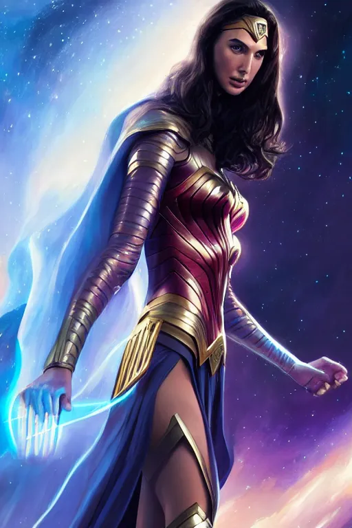 Image similar to Gal Gadot as Queen of the Cosmos, anatomy, only two hands, highly detailed, digital painting, artstation, concept art, smooth, sharp focus, illustration, Unreal Engine 5, 8K, art by art by artgerm and greg rutkowski and edgar maxence