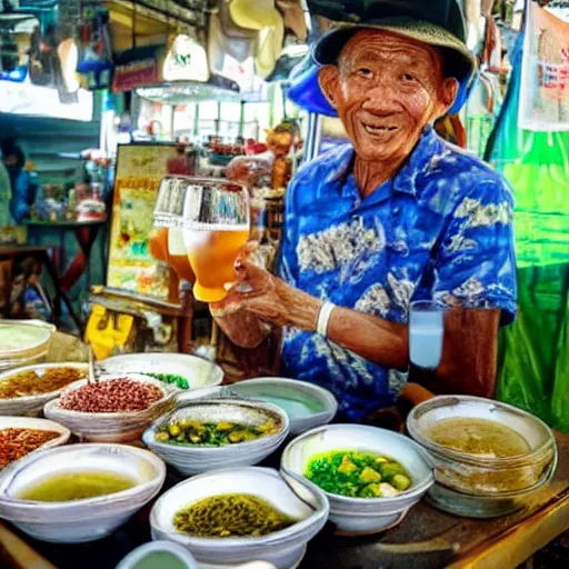 Prompt: an old male hawker at a stall in Singapore selling fishbeer
