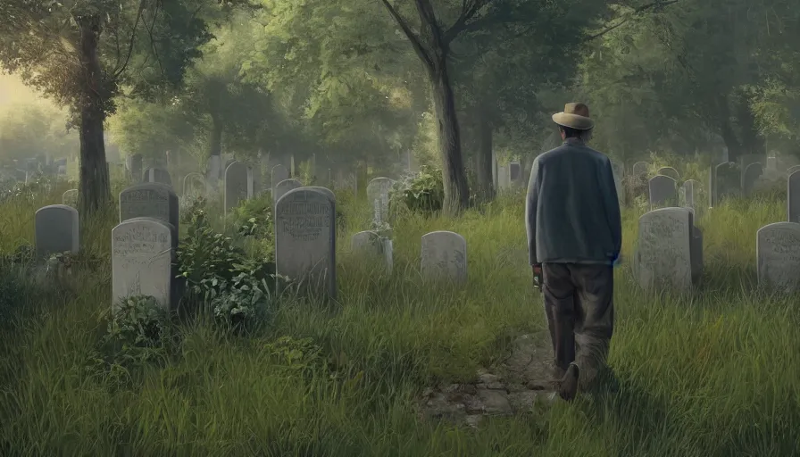 Prompt: old man with his can and hat walking in cemetery covered by vegetation, hyperdetailed, artstation, cgsociety, 8 k