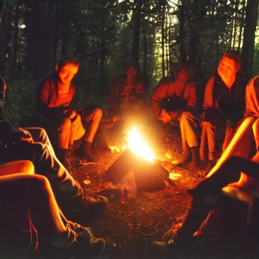 Image similar to A group of people sit around a campfire in the middle of a dark forest. They look tired and scared, Horror, Creepy, Spooky, Camcorder, VHS quality,