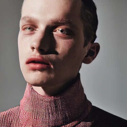 Image similar to editorial full outfit directed gaze, close - up of models face, photographed by benjamin vnuk