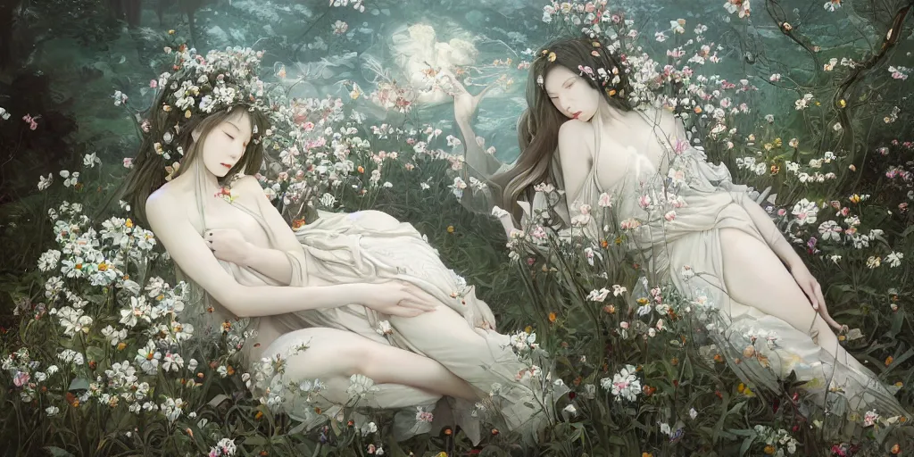 Prompt: breathtaking detailed concept art painting of the sleeping in field goddess of white flowers, orthodox saint, with anxious, piercing eyes, ornate background, amalgamation of leaves and flowers, by Hsiao-Ron Cheng, James jean, Miho Hirano, Hayao Miyazaki, extremely moody lighting, 8K