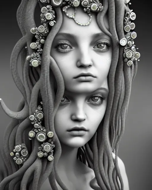 Image similar to mythical dreamy underwater artistic black and white 3 d render of a translucent beautiful young female angelic - medusa - vegetal - doll, highly detailed, intricate crystal ivy jelly ornate, poetic, translucent algae ornate, digital art, octane render, 8 k artistic photography, photo - realistic, hg giger flora borsi