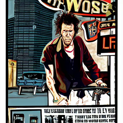 Image similar to tom waits in the style of Grand Theft Auto, by Stephen Bliss