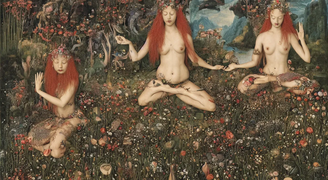 Image similar to a meditating druid mermaid surrounded by flowers. her skin is covered in scales and feathers. landscape with mountains, river and burning stars. painted by jan van eyck, max ernst and ernst haeckel, trending on artstation, 8 k, award winning, hard lighting, fashion editorial, mythology, photorealistic, ernst fuchs, bodhisattva, burning fire