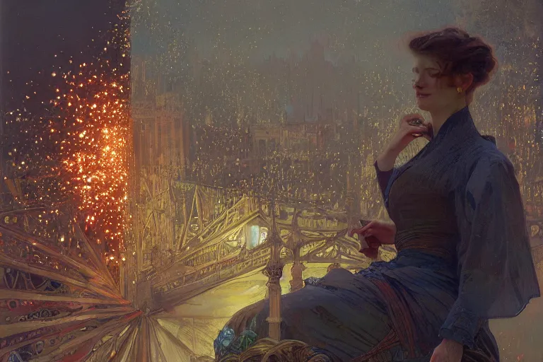 Image similar to a beautiful realistic painting of a firework festival at seine river, intricate, elegant, highly detailed, digital painting, artstation, concept art, by krenzcushart, artem demura, alphonse mucha