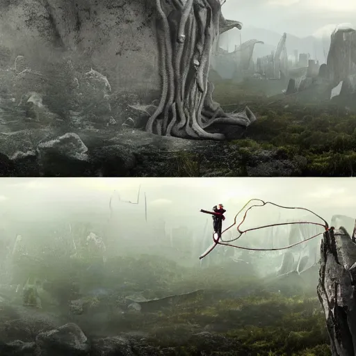 Image similar to man's catastrophic escape and decoupling from nature, futuristic matte painting, photography