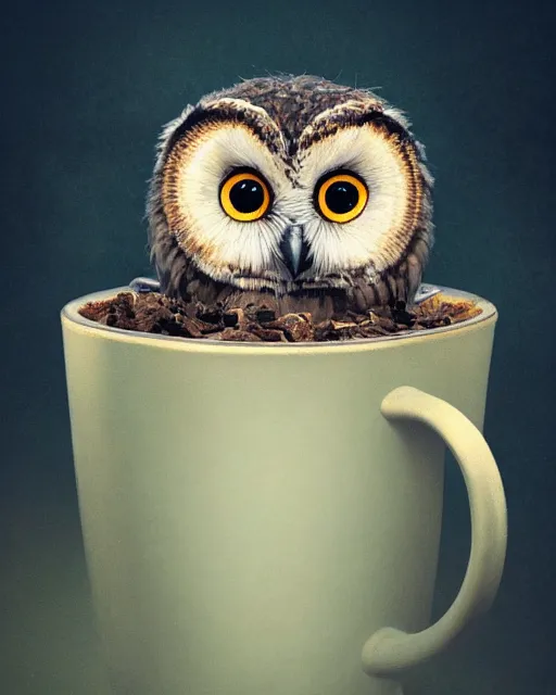 Prompt: long shot of a very cute owl chick nesting in a mug, esao andrews, humorous illustration, hyperrealistic, big depth of field, warm colors, night scenery, low light, 3 d octane render, 4 k, concept art, hyperdetailed, hyperrealistic, trending on artstation