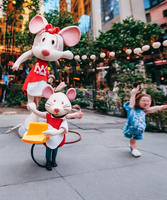 Image similar to high quality presentation photo of cute anthropomorphic mice eating cheese with small people walking around them, photography 4k f1.8 anamorphic bokeh 4k Canon Nikon