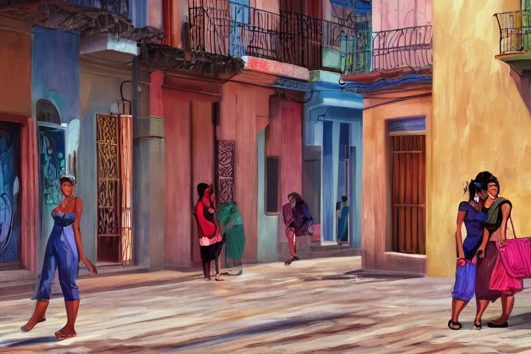 Image similar to concept art, painting of two cuban women in havana, digital anime art, good lighting,