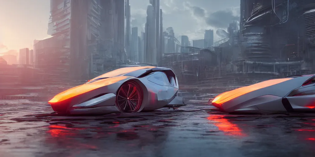 Image similar to futuristic electro car, smooth concrete brutalistic buildings on the background, puddles of water, stunning volumetric lighting, sunset, trending on Artstation, 8k, photorealistic, hyper detailed, unreal engine 5, cinematic, epic lighting, cryengine, octane render, cyberpunk, red and orange glow, dark, gloomy