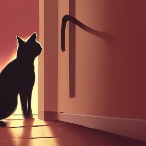 Prompt: close up of a cat stretching, in a house hallway, silhouette, warm colors, beautiful composition, by Atey Ghailan, by Craig Mullins and Dan Mumford, digital art, matte painting, trending on artstation,