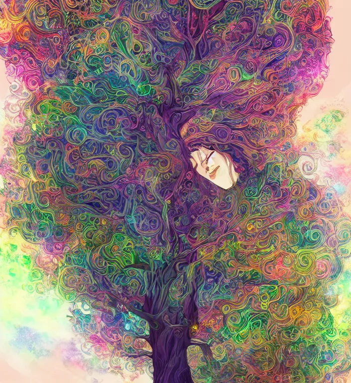 Prompt: a wlop 3 d render of very very very very highly detailed beautiful colorful mystic portrait of a tree on a hill with whirling galaxy around, tattoos by anton pieck, intricate, extremely detailed, digital painting, artstation, concept art, smooth, sharp focus, illustration, intimidating lighting, incredible art,