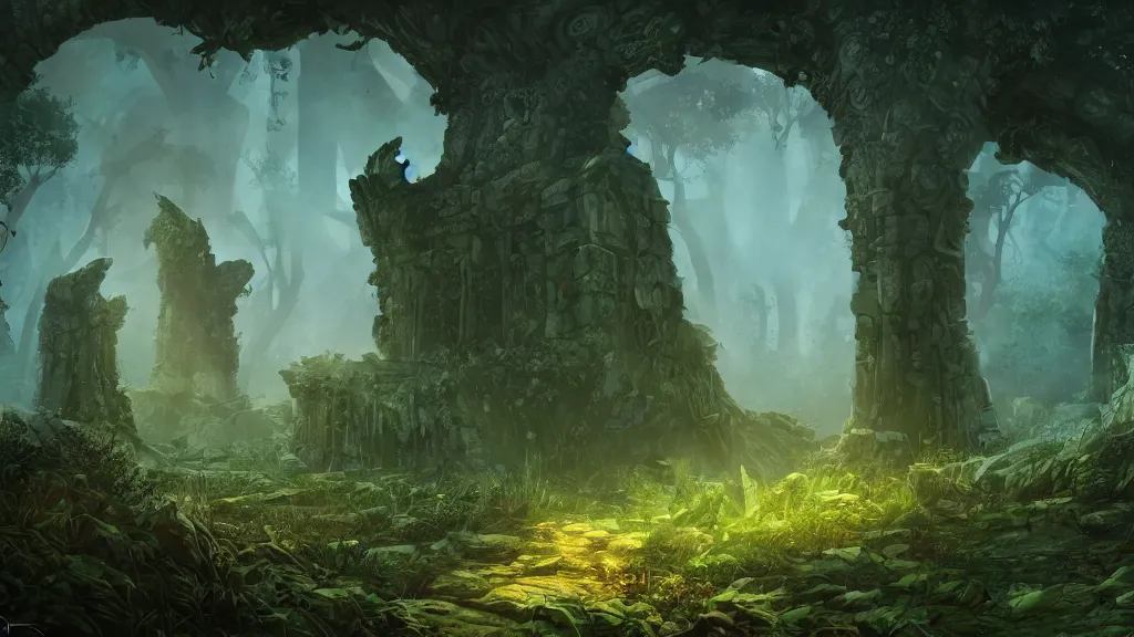 Prompt: Ancient alien ruins in the middle of an overgrown forest, dreamscape, dramatic lighting, fantasy art illustration, trending on artstation, Aetherpunk