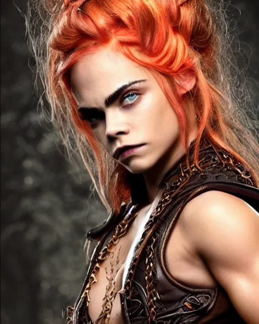 Prompt: fantasy character portrait photo. female dwarf. short, broad, jacked physique. broad face resembles cara delevingne but very squat. wide face, androgynous but pretty. elaborately braided orangepink hair. long sidebuns, downy cheeks. thick bushy groomed red eyebrows with multiple piercings. tan leather vest, bare bodybuilder shoulders. kohl, lipgloss