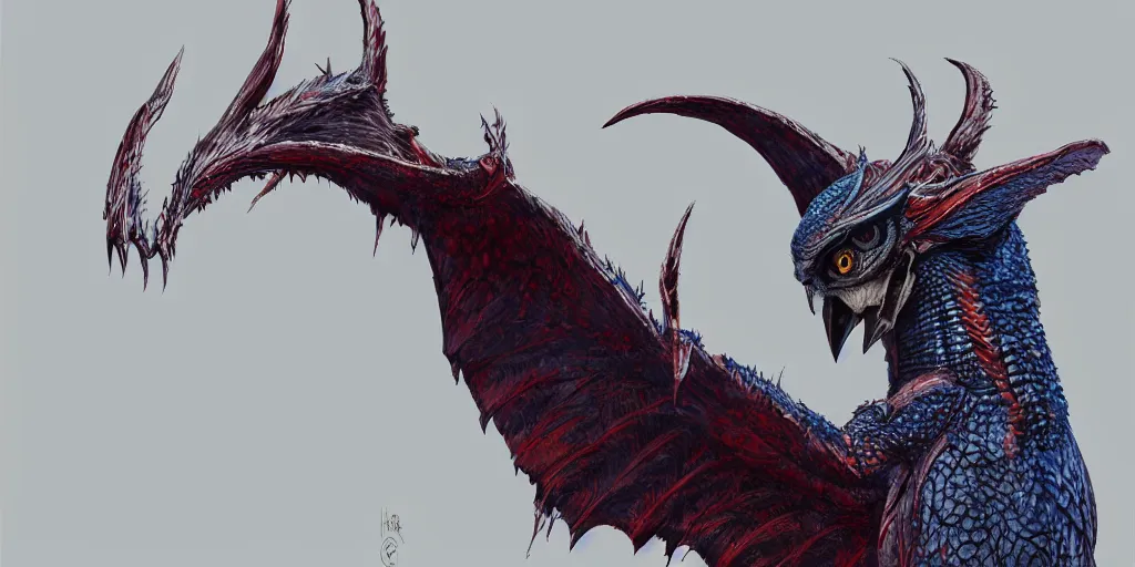 Image similar to Draconian dark reflective blue owl creature, character design sheet, Monster Hunter Illustrations art book, sharp and scaly feathers, huge wings, thick and strong legs, huge and sharp claws, red beak, Moebius, Greg Rutkowski, Zabrocki, Karlkka, Jayison Devadas, Phuoc Quan, trending on Artstation, 8K, ultra wide angle, zenith view, pincushion lens effect.